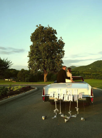Vintage-style wedding getaway car example